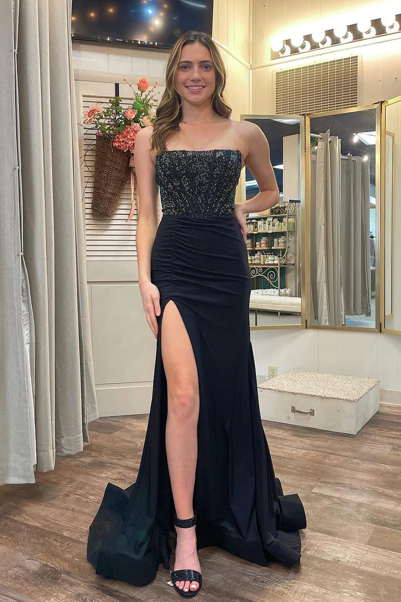 Today's Special Black Strapless Beaded Mermaid Long Prom Dresses with Slit