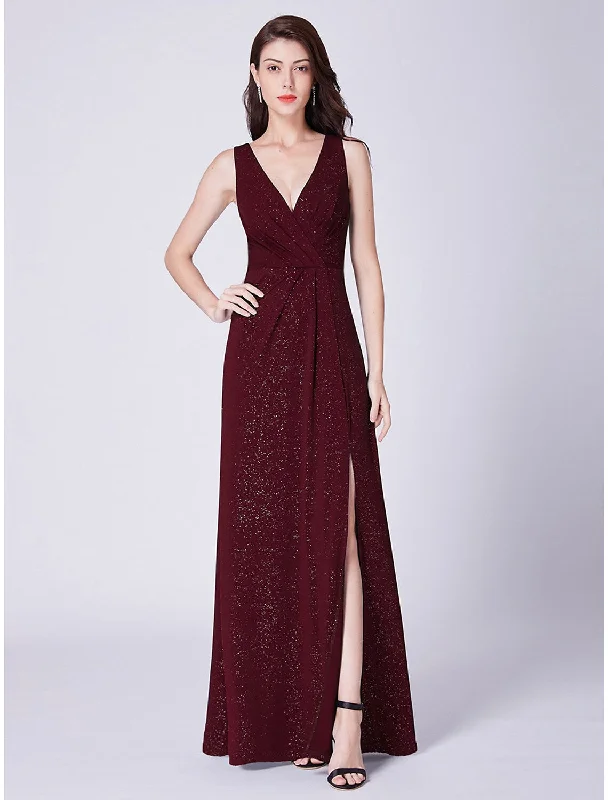 Deal Alert A-Line Elegant Formal Evening Dress V Neck Sleeveless Floor Length Blend with Draping