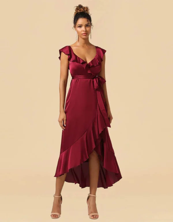 Crazy Deals Asymmetrical Burgundy Satin With Ruffle Bridesmaid Dress