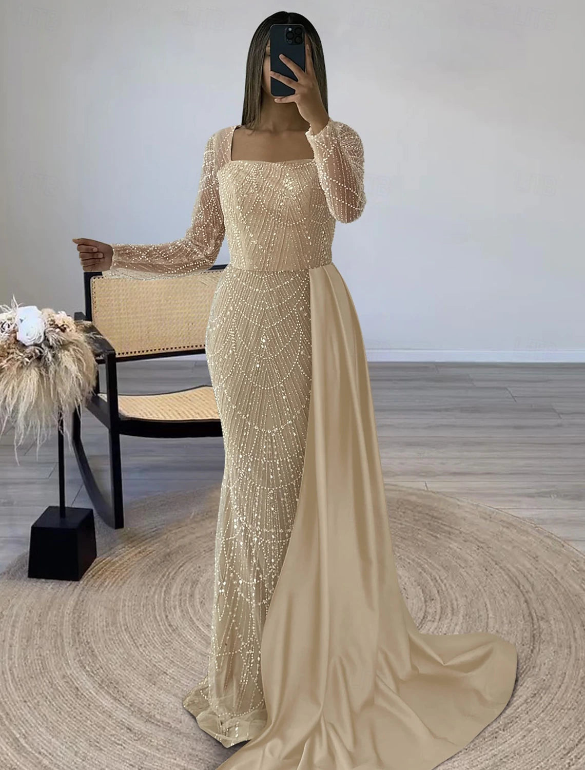 Daily Specials Mermaid / Trumpet Evening Gown Formal Floor Length Long Sleeve Square Neck Sequined with Glitter Slit Daily Specials Mermaid / Trumpet Evening Gown Formal Floor Length Long Sleeve Square Neck Sequined with Glitter Slit