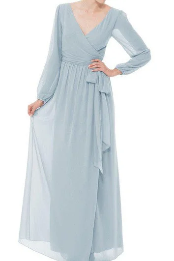 Huge Discounts Long Sleeve V-neck Chiffon Long Dress with Bow