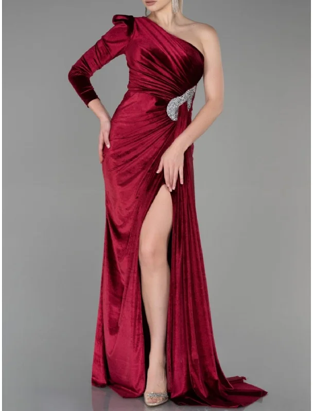 Lowest Prices A-Line Evening Gown Christmas Elegant Dress Formal Sweep / Brush Train Long Sleeve One Shoulder Velvet with Glitter Pleats Ruched Lowest Prices A-Line Evening Gown Christmas Elegant Dress Formal Sweep / Brush Train Long Sleeve One Shoulder Velvet with Glitter Pleats Ruched