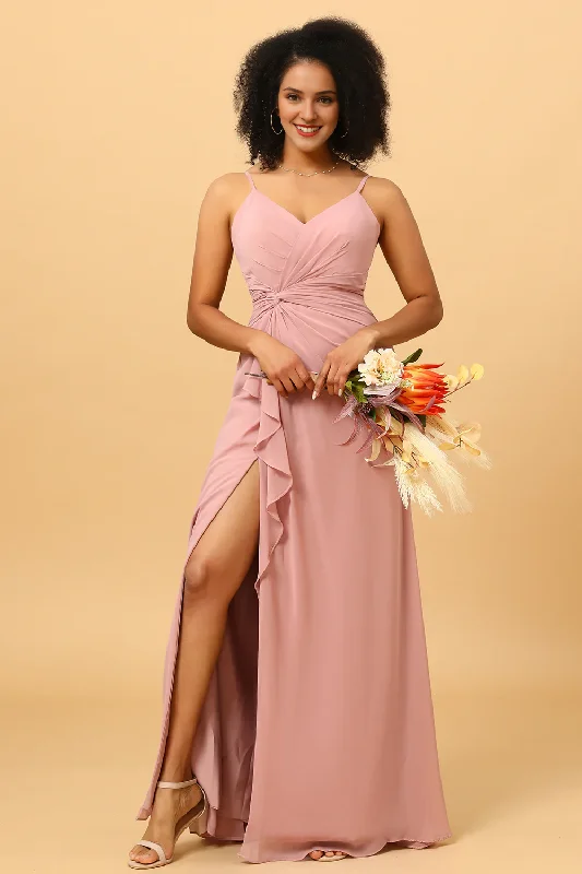 Exclusive Deal Pink A-line neck V-neck chiffon ruffle hem slit long bridesmaid dress