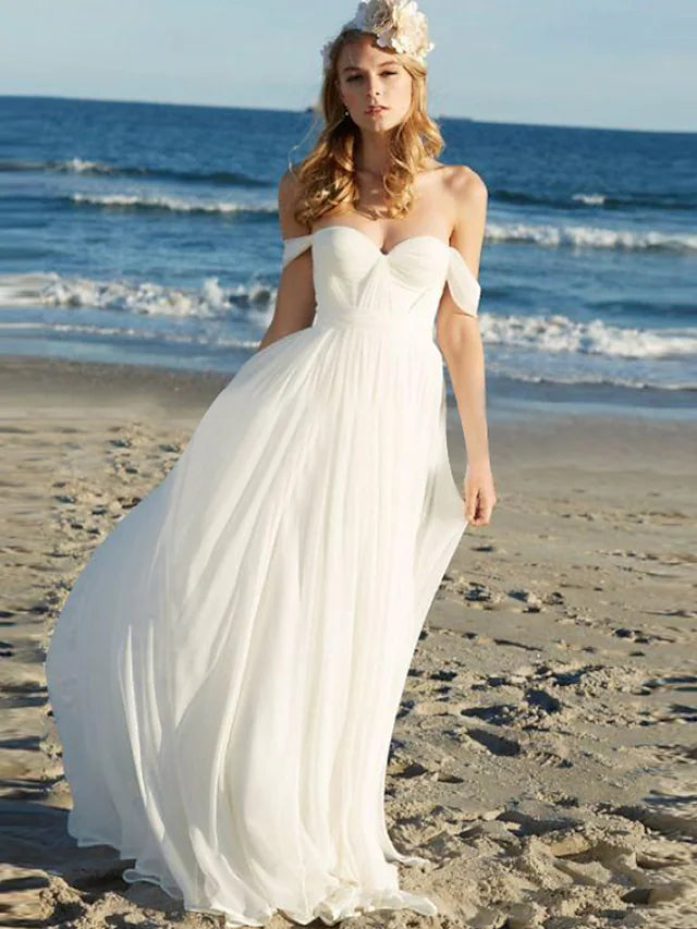 New Markdowns Beach Boho Sexy Wedding Dresses Floor Length A-Line Sleeveless Off Shoulder Chiffon With Pleats Solid New Markdowns Beach Boho Sexy Wedding Dresses Floor Length A-Line Sleeveless Off Shoulder Chiffon With Pleats Solid