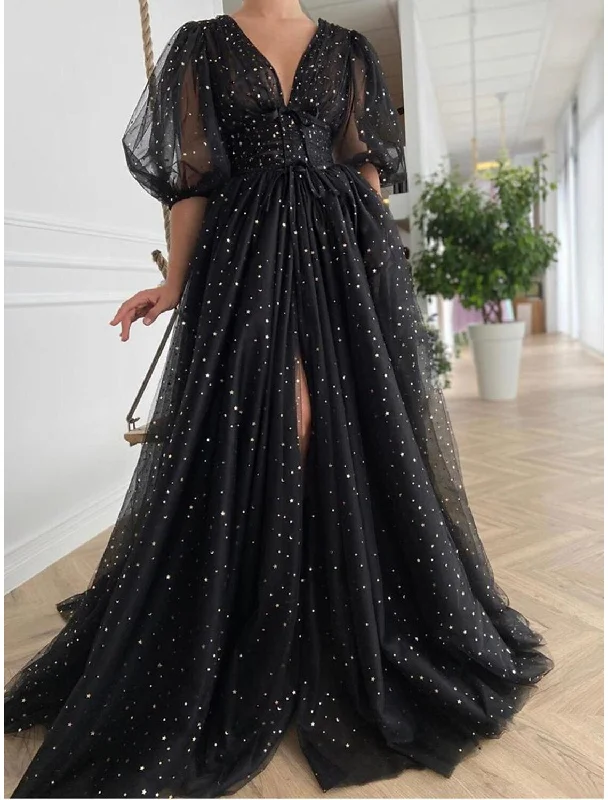 Midnight Madness A-Line Prom Dresses Glittering Dress Wedding Guest Prom Court Train Half Sleeve V Neck Wednesday Addams Family Tulle V Back with Bow(s) Sequin Slit