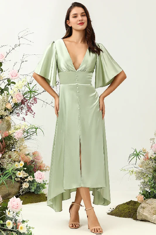 Discount Deals Dusty Sage A-line deep V-neck half sleeved bridesmaid dress