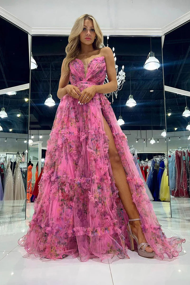 Huge Savings A-Line Strapless Floral Printed Chiffon Long Spring Prom Dresses