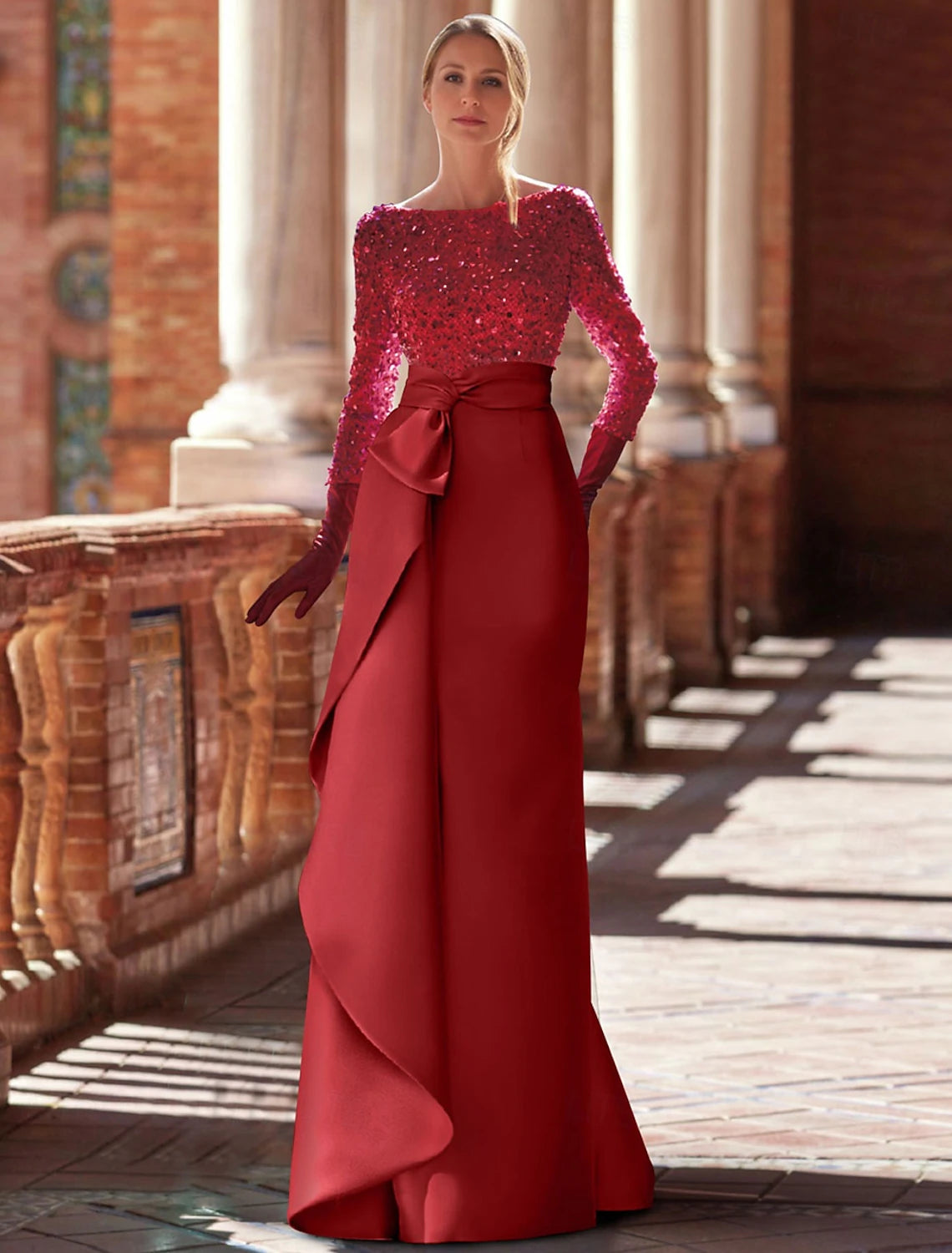 Bonus Savings A-Line Evening Gown Elegant Formal Floor Length Long Sleeve Jewel Neck Satin with Glitter Ruffles Bonus Savings A-Line Evening Gown Elegant Formal Floor Length Long Sleeve Jewel Neck Satin with Glitter Ruffles