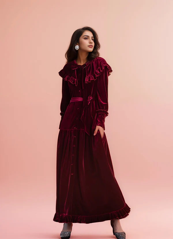 Price Rollback Vintage Ruffled Long sleeves boat Neck bow tie A-line Velvet Dress