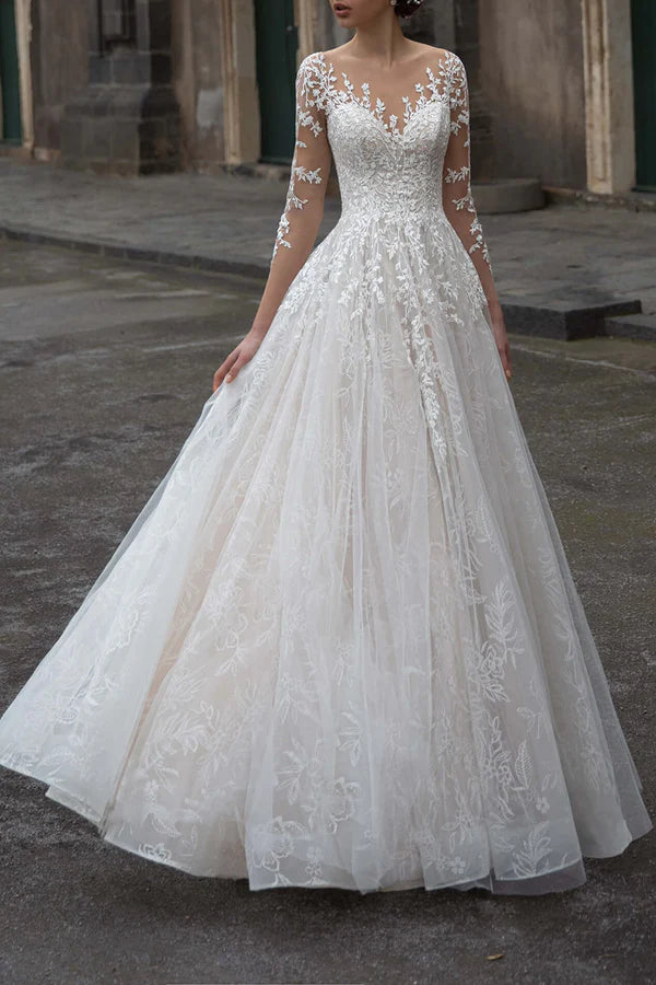 New Markdowns A-line neckline lace long sleeved wedding dress