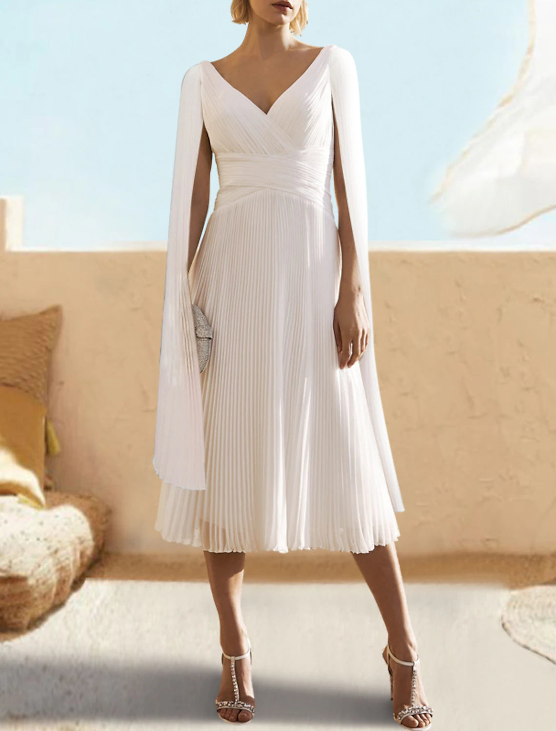 Discount Deals A-Line Cocktail Dresses Elegant Dress Semi Formal Tea Length Short Sleeve V Neck Fall Wedding Guest Chiffon with Shawl Discount Deals A-Line Cocktail Dresses Elegant Dress Semi Formal Tea Length Short Sleeve V Neck Fall Wedding Guest Chiffon with Shawl