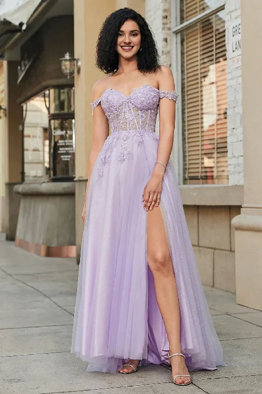Seasonal Clearance Purple A-line off shoulder lace sheer tight corset for evening dress
