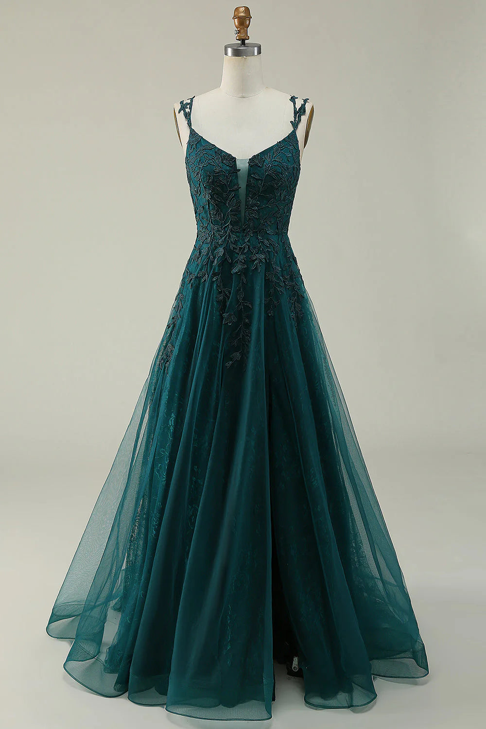 Shop and Save A Line Thin Shoulder Strap Dark Green Decal Long Prom Dress
