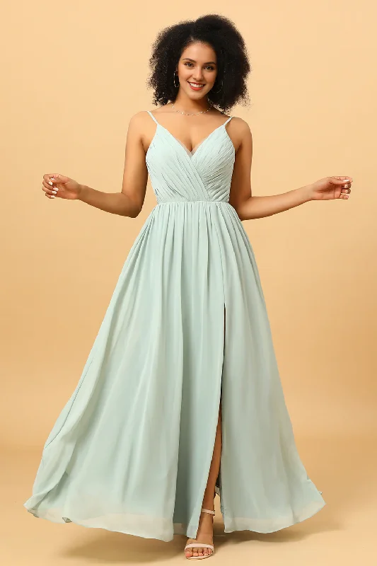 Hot Deal Light green pleated long slit chiffon bridesmaid dress