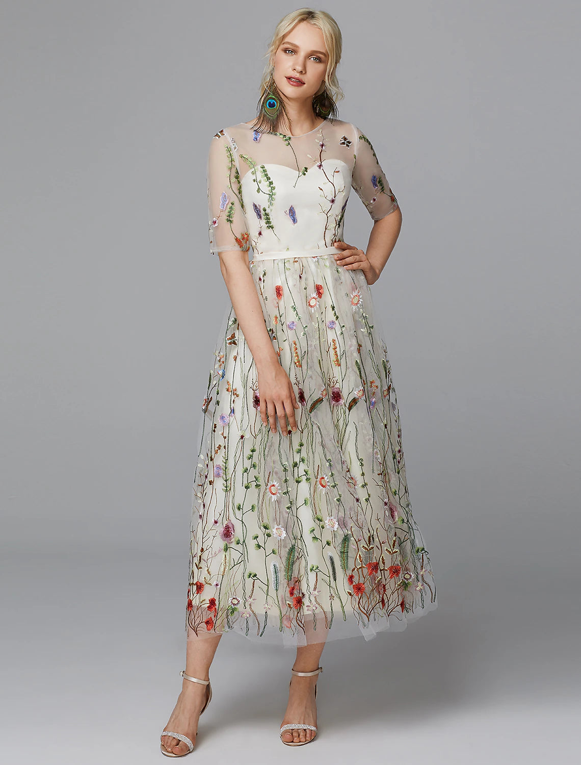 Don't Wait A-Line Floral Dress Holiday Tea Length Half Sleeve Illusion Neck Lace with Embroidery Appliques Don't Wait A-Line Floral Dress Holiday Tea Length Half Sleeve Illusion Neck Lace with Embroidery Appliques