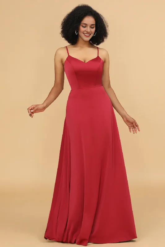 Deal Frenzy Red A-line thin shoulder strap and satin bridesmaid dress