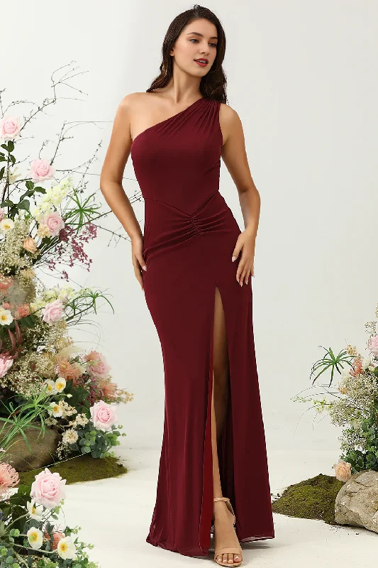 Final Sale Wine red slit fish tail one shoulder chiffon bridesmaid dress