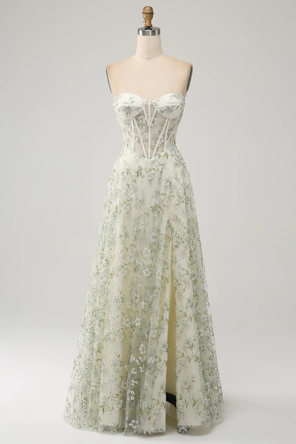 Hurry In A-Line Light Green Corset Prom Dress with Embroidery