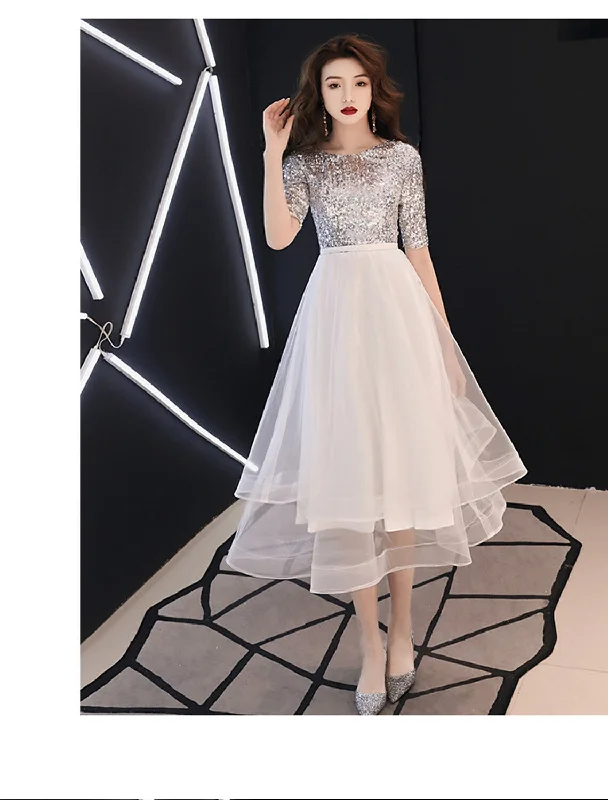 Limited Time Discount A-Line Sparkle White Cocktail Party Prom Dress Jewel Neck Half Sleeve Tea Length Satin with Sequin Tier Limited Time Discount A-Line Sparkle White Cocktail Party Prom Dress Jewel Neck Half Sleeve Tea Length Satin with Sequin Tier