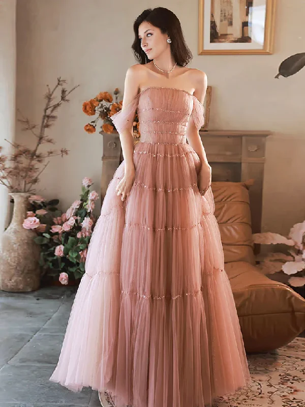 One-DAY Sale A-Line Princess Pink Off Shoulder Long Prom Dress Formal Dress