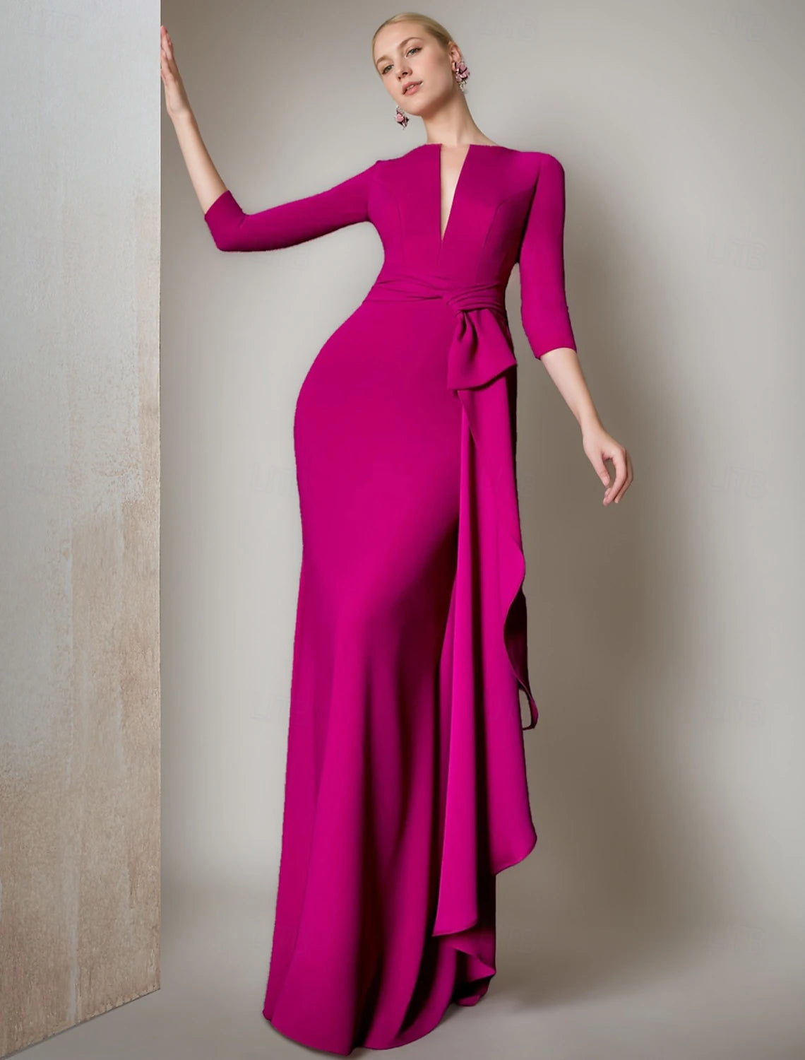 Unmissable Offer Mermaid / Trumpet Evening Gown Formal 3/4 Length Sleeve V Neck Stretch Crepe with Feather Ruched Ruffles Unmissable Offer Mermaid / Trumpet Evening Gown Formal 3/4 Length Sleeve V Neck Stretch Crepe with Feather Ruched Ruffles