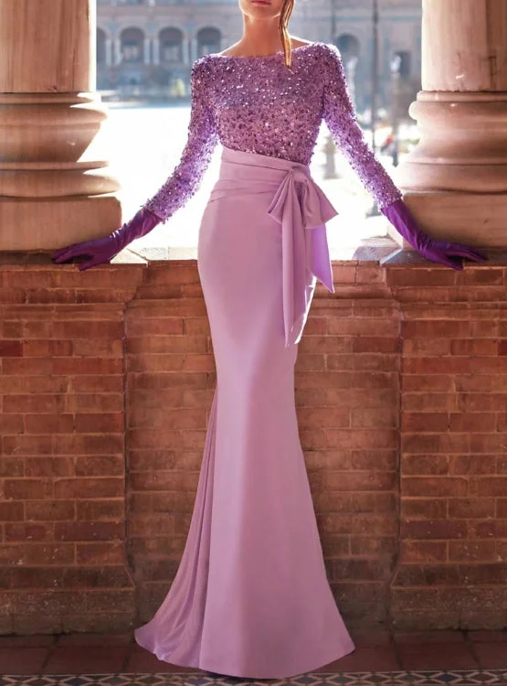 Hurry In Mermaid / Trumpet Evening Gown Formal Floor Length Long Sleeve Jewel Neck Sequined with Bow(s) Pearls