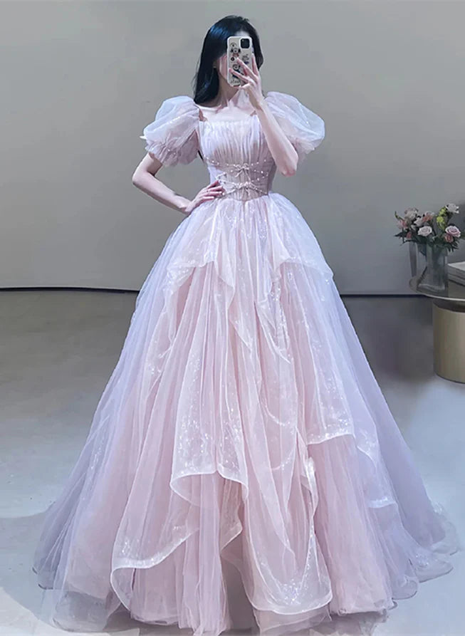 Big Discounts A-Line Princess Pink Off Shoulder Tulle Beaded Sweetheart Bubble Sleeved Ballgown Evening Dress Prom Dress