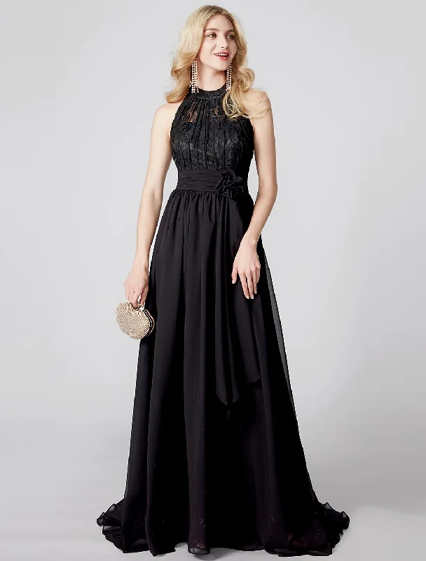 Closeout A-Line Elegant Minimalist Prom Formal Evening Dress Halter Neck Sleeveless Sweep / Brush Train Chiffon Corded Lace with Sash / Ribbon Pleats