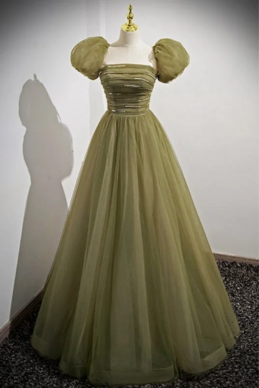 Stock Up and Save Cute A-Line Green Tulle Long Modest Prom Dress with Removable Sleeves Stock Up and Save Cute A-Line Green Tulle Long Modest Prom Dress with Removable Sleeves