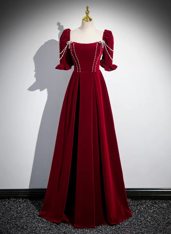Limited Edition Wine Red Velvet Pearl Short Sleeves Long Prom Dress A-line Evening Dress Limited Edition Wine Red Velvet Pearl Short Sleeves Long Prom Dress A-line Evening Dress