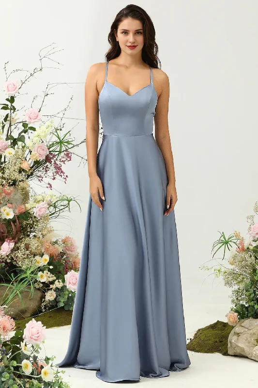 Super Deal Grey blue A-line thin shoulder strap bright satin ruffled bridesmaid dress Super Deal Grey blue A-line thin shoulder strap bright satin ruffled bridesmaid dress