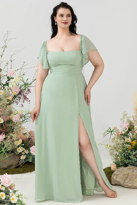 Stock Clearance Green A-line shoulder length plus plus size ruffled polyester bridesmaid dress