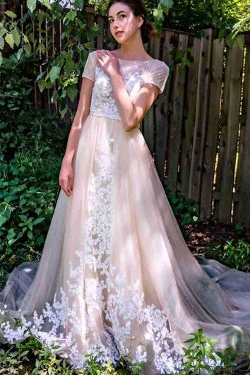 Sneak Peek Sale A-line Short Cap Sleeve Chapel Train Tulle&Lace Dress With Appliques&Button Sneak Peek Sale A-line Short Cap Sleeve Chapel Train Tulle&Lace Dress With Appliques&Button