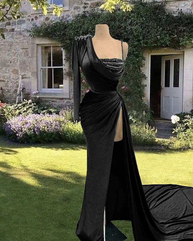 Price Cut Sequins/Sparkling Mermaid Velvet One Sleeve Prom Dresses With Slit
