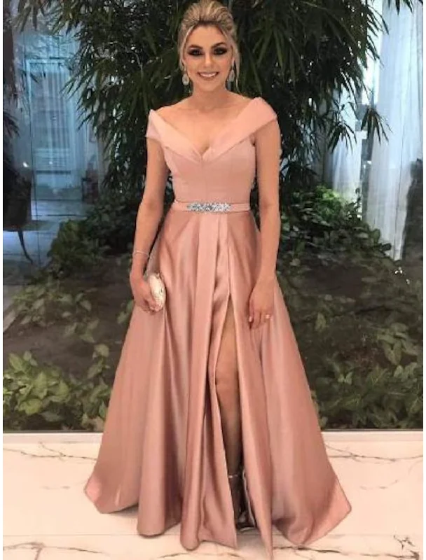 Reduced Prices A-Line Elegant Prom Formal Evening Valentine's Day Dress Off Shoulder Short Sleeve Satin with Split Front Reduced Prices A-Line Elegant Prom Formal Evening Valentine's Day Dress Off Shoulder Short Sleeve Satin with Split Front