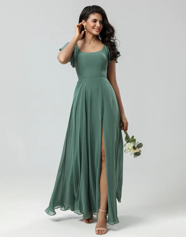 Extra Discounts A-Line Green Long with Ruffles Bridesmaid Dress