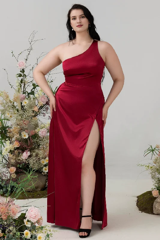 One-DAY Sale Wine red tight thin shoulder strap shiny satin plus slit bridesmaid dress One-DAY Sale Wine red tight thin shoulder strap shiny satin plus slit bridesmaid dress