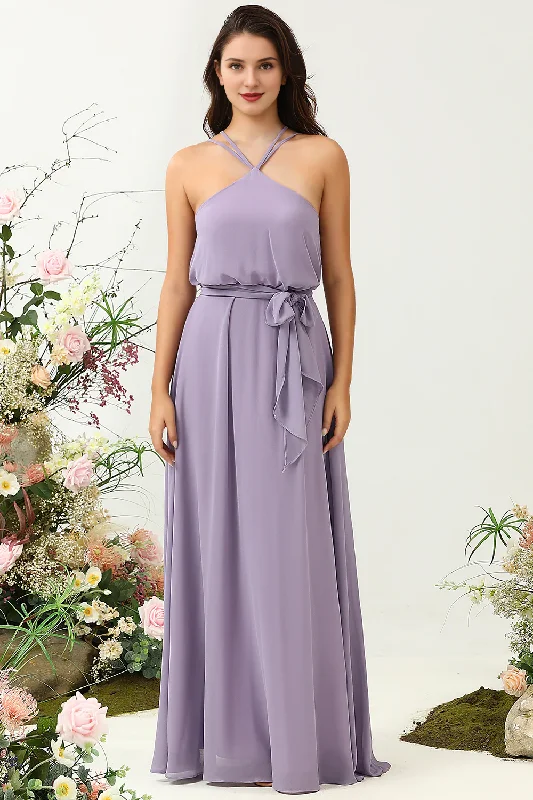 Bonus Savings Grey purple A-line bow hanging neck long bridesmaid dress