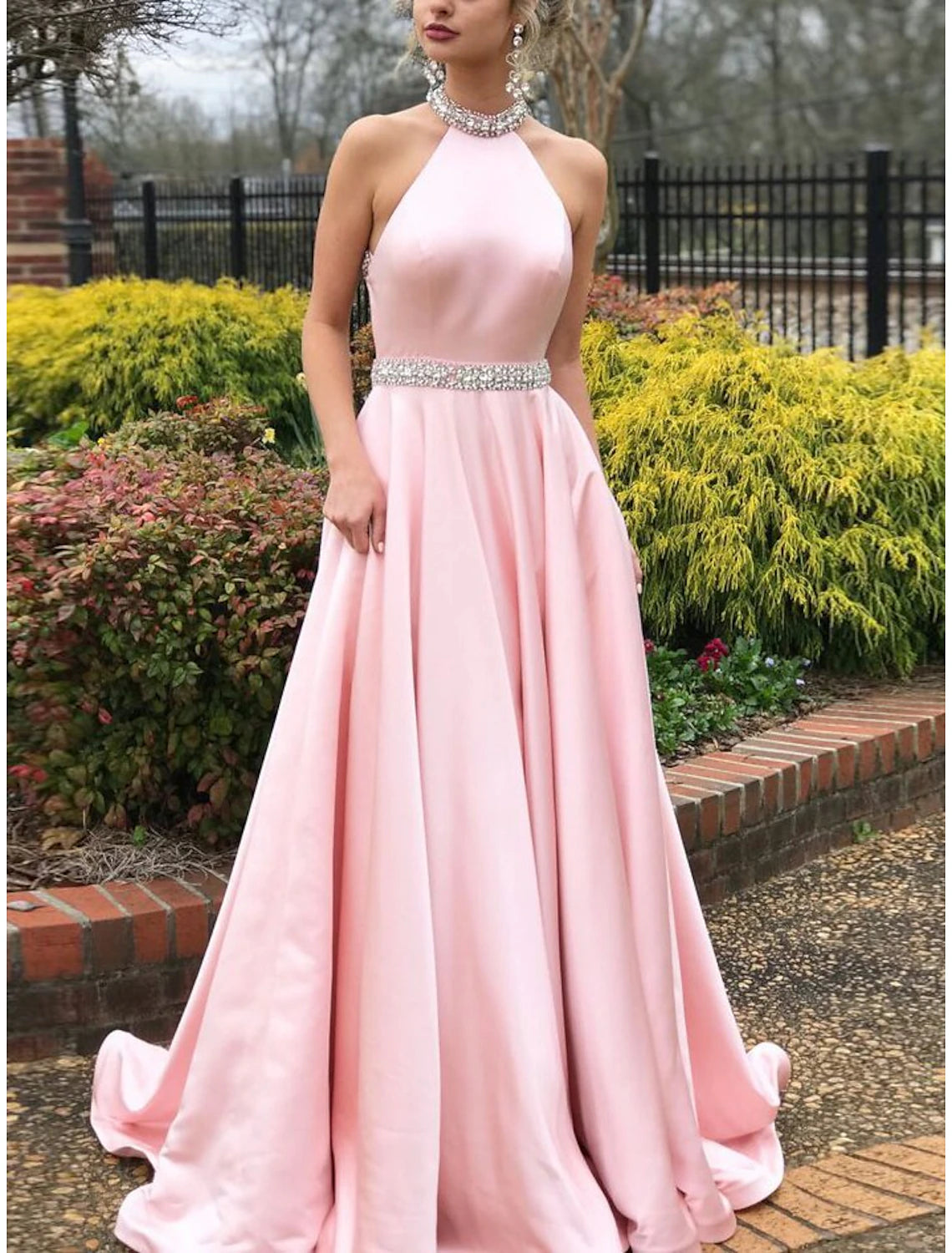Take Advantage A-Line Prom Dresses Beautiful Back Dress Wedding Guest Engagement Sweep / Brush Train Sleeveless Halter Neck Satin with Beading