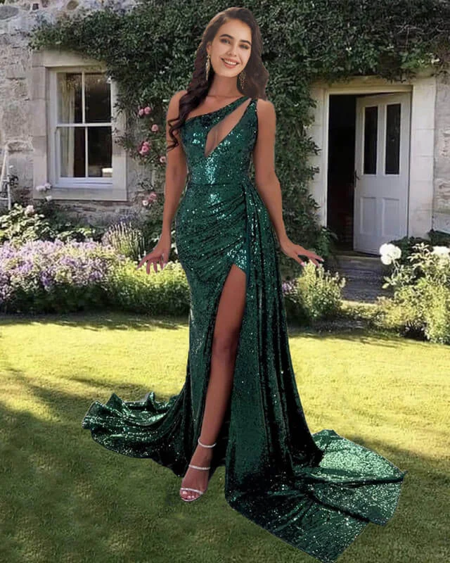 Final Clearance Mermaid Emerald Green Sequin One Shoulder Dress Cutout Prom Dresses with Sweep Train Final Clearance Mermaid Emerald Green Sequin One Shoulder Dress Cutout Prom Dresses with Sweep Train