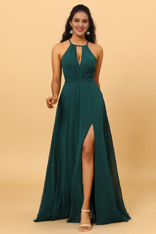 Unmissable Offer Pine A Line neck hanging sleeveless long chiffon slit bridesmaid dress