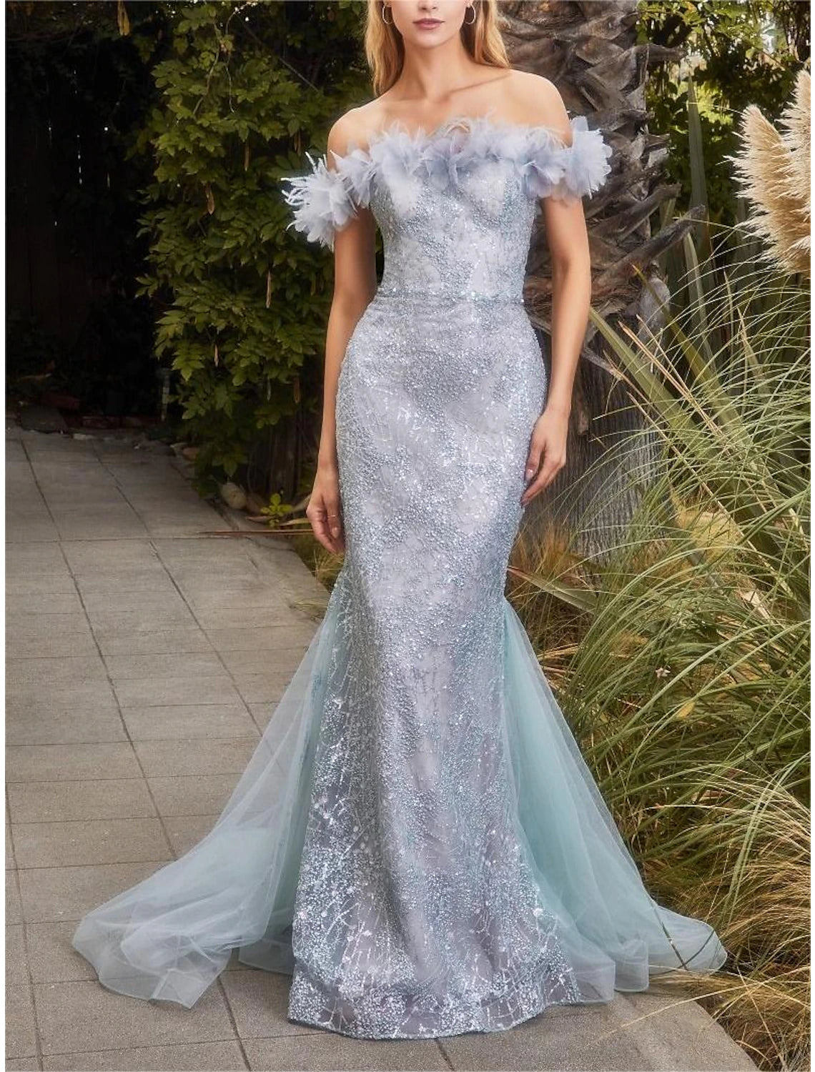 Hurry In Mermaid / Trumpet Prom Dresses Sparkle Dress Graduation Prom Sweep / Brush Train Sleeveless Off Shoulder Organza with Rhinestone Feather Glitter Hurry In Mermaid / Trumpet Prom Dresses Sparkle Dress Graduation Prom Sweep / Brush Train Sleeveless Off Shoulder Organza with Rhinestone Feather Glitter