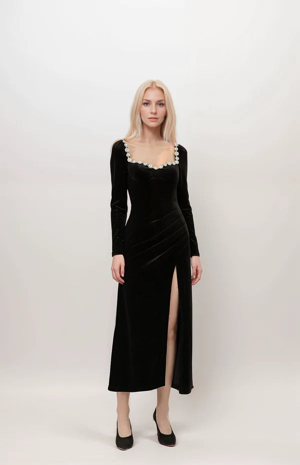 Today’s Special Crystal Beaded Long Sleeves Sweetheart Neck pencil skirt Velvet Dress thigh slit Today’s Special Crystal Beaded Long Sleeves Sweetheart Neck pencil skirt Velvet Dress thigh slit