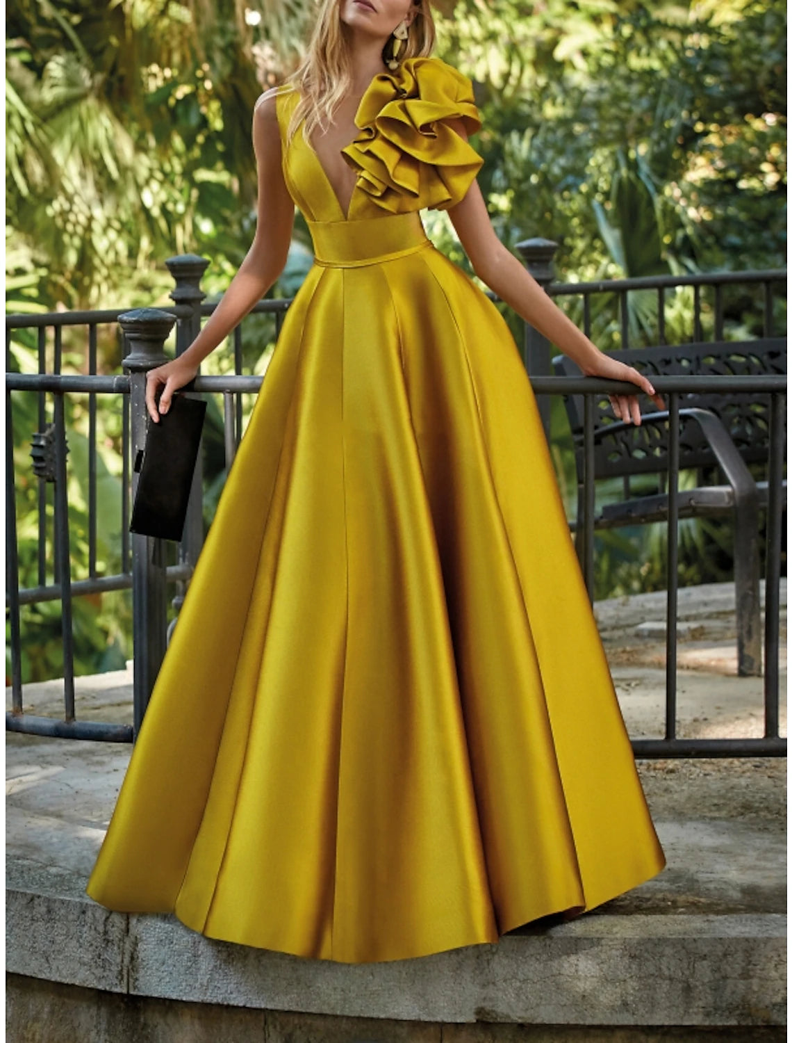 Buy Now A-Line Evening Gown Elegant Dress Formal Wedding Guest Floor Length Sleeveless V Neck Satin with Shouder Flower