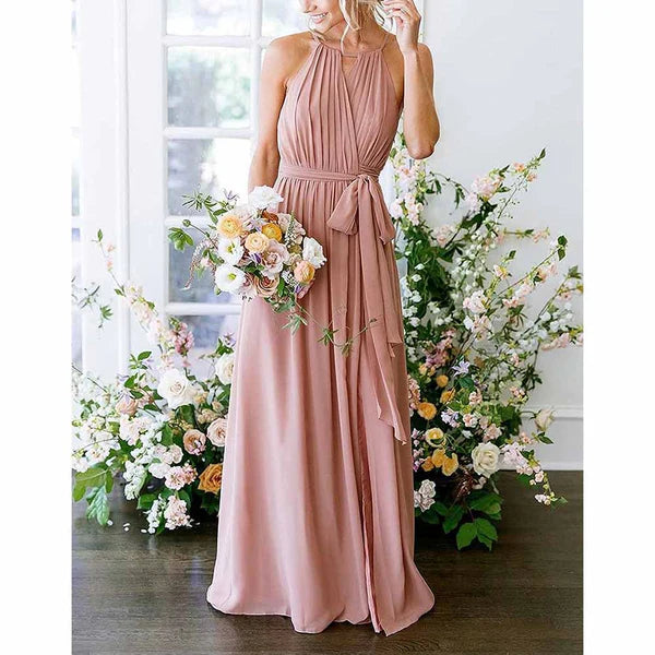 Stock Clearance Halter Chiffon Bridesmaid Dress Long A-Line Weddign Guest Dresses