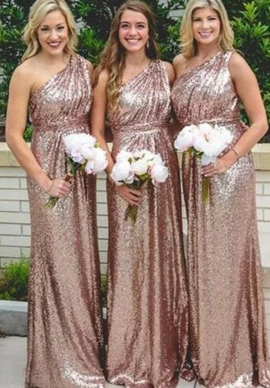 Discount Deals A-line One-shoulder Sleeveless Bell Ruffles Zipper Sequins Dress