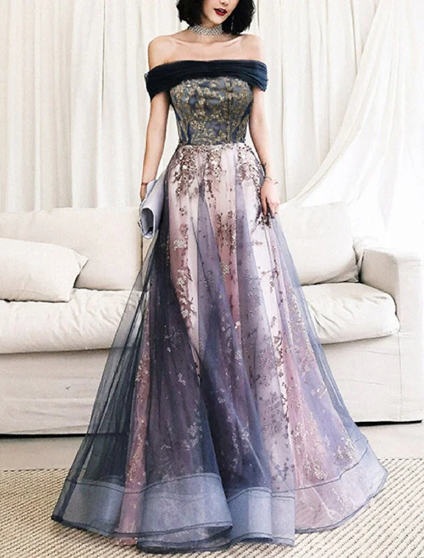 Price Fest A-Line Prom Dresses Glittering Dress Wedding Guest Engagement Floor Length Sleeveless Off Shoulder Tulle with Pleats Sequin Appliques