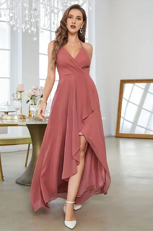 Quick Sale Coral A-line asymmetrical hanging neck sleeveless evening dress