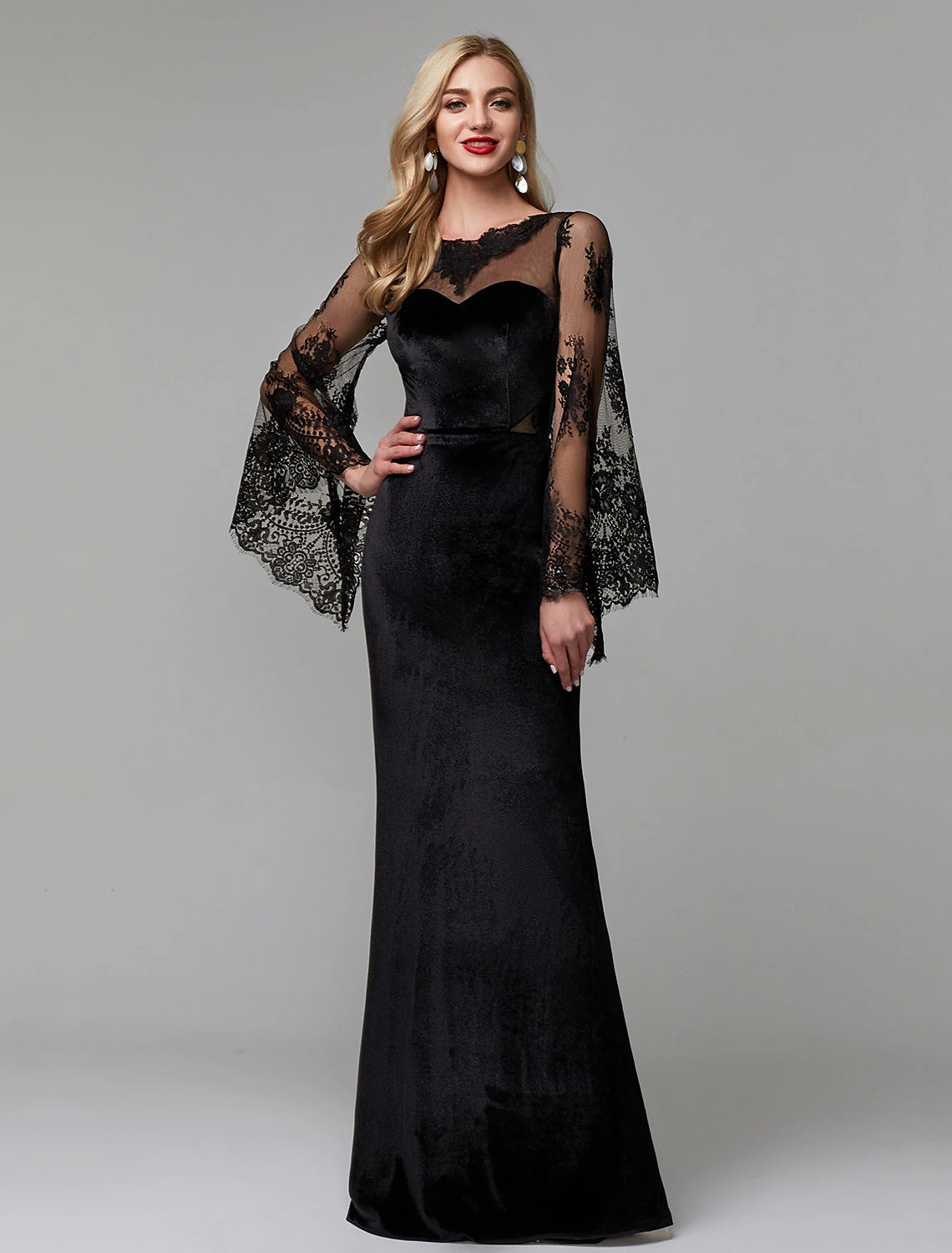 Super Savings Sheath / Column Elegant Dress Wedding Guest Engagement Floor Length Long Sleeve Illusion Neck Lace with Lace Insert Super Savings Sheath / Column Elegant Dress Wedding Guest Engagement Floor Length Long Sleeve Illusion Neck Lace with Lace Insert