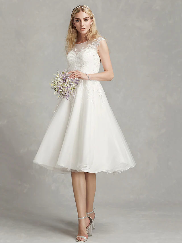 Exclusive Online Offer Open Back Little White Dresses Wedding Dresses Tea Length A-Line Cap Sleeve Jewel Neck Lace With Appliques Exclusive Online Offer Open Back Little White Dresses Wedding Dresses Tea Length A-Line Cap Sleeve Jewel Neck Lace With Appliques